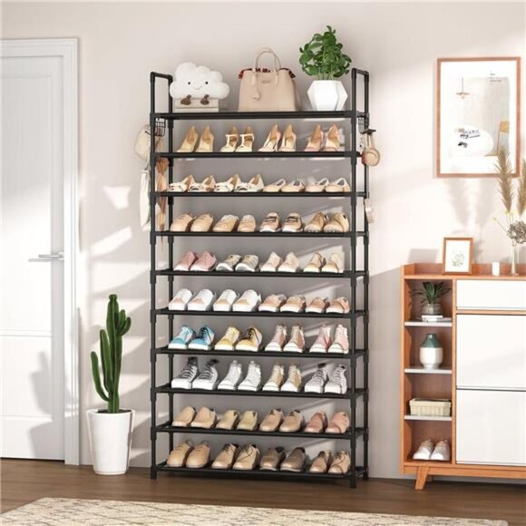 Tall Shoe Rack 10 Tier Storage Organizer Holds 50 Pairs Metal Shelf Black - Picture 2 of 7